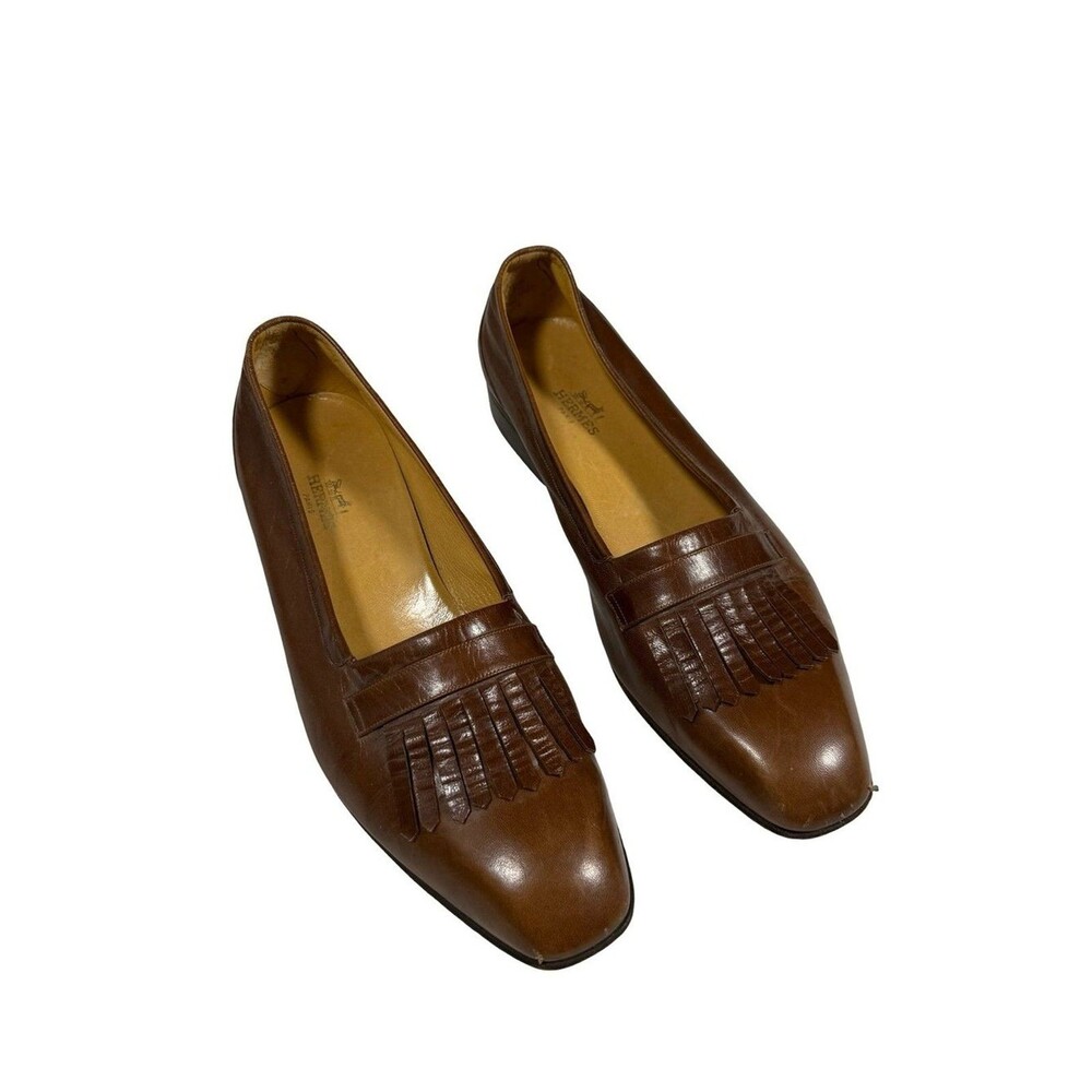 VTG Hermes Brown Leather Loafers Sz 12 Kiltie Fringe Classic Luxury Business